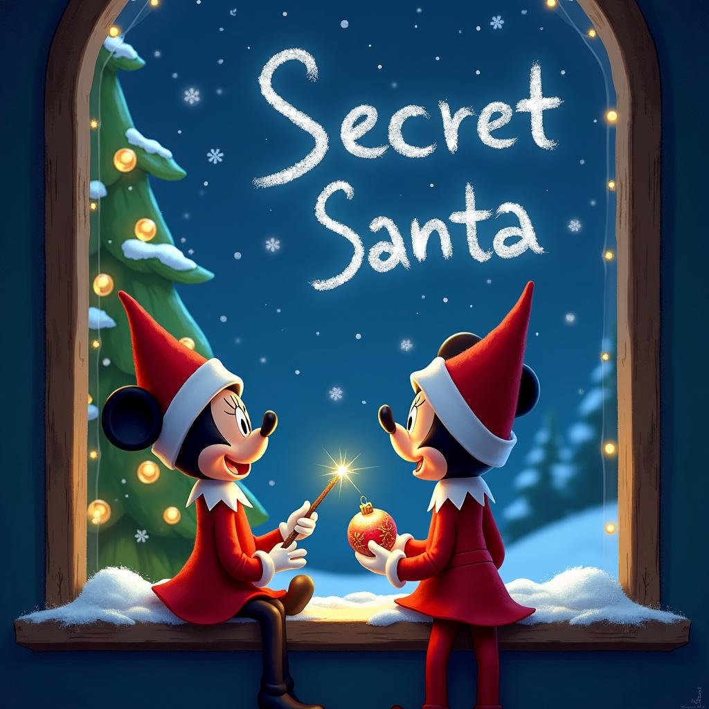 An elf on the shelf sits on a windowsill. He uses a magical wand to write 'Secret Santa' in the sky. Scene is vibrant and captures Disney Christmas. Next to the elf is Minnie Mouse. She decorates the Christmas tree and holds an ornament. She has a joyful expression and holds a smaller wand. The window frame has glowing lights. Snowflakes fall outside. Magical winter setting.