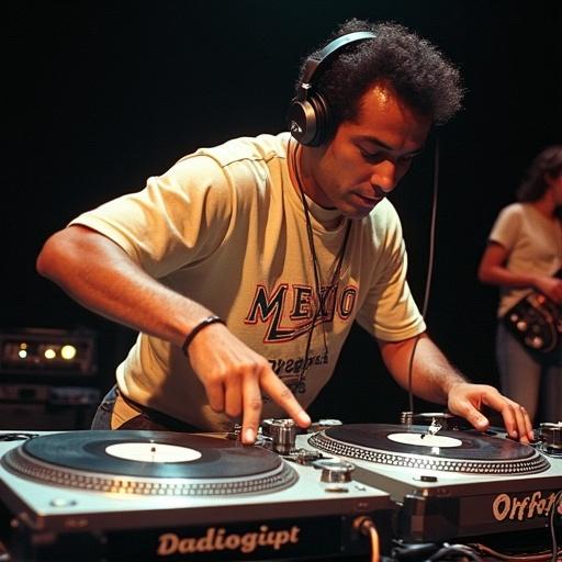 DJ Julio Gilabert from Mexico performing at the 1992 Ortofon World DJ Mixing Championships. DJ is cutting it up on two turntables. Fast turntable tricks being showcased. High energy performance. DJs creating music live.