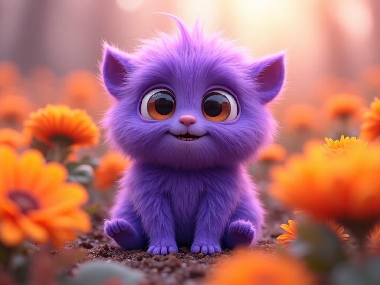 Closeup of a cute friendly purple fluffy monster sitting in a field of captivating blooming orange flowers. The scene is structured and textured, with a fantasy style and a purple and orange color palette.