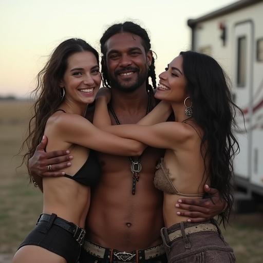 Two beautiful barefoot goth-punk women and a goth-punk man smiling and hugging in an RV park.