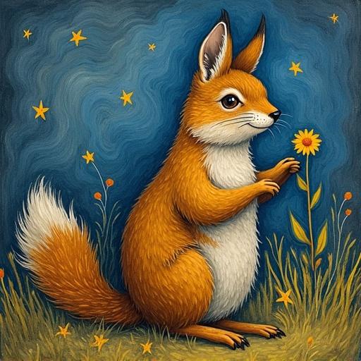 A fox sitting on its hind legs holds a flower in a colorful background. The fox has a bushy tail and stands out against a blue backdrop with whimsical stars and plants.