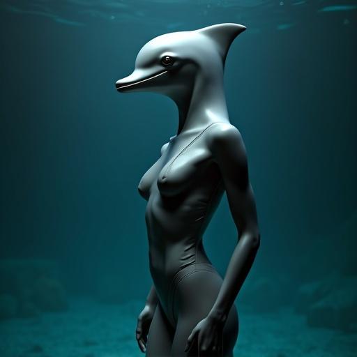 Humanoid figure of a female dolphin standing in a one-piece swimsuit. The figure is fully visible showcasing a slender build. The setting is underwater with a dramatic lighting effect.