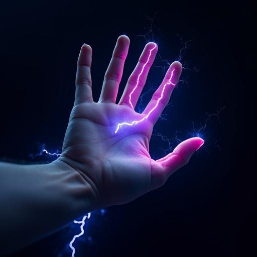 Close-up of a hand reaching out with fingers slightly curled. Glowing neon lightning veins run through the skin. Dark minimalist background with bursts of electric blue, purple, and silver. Futuristic, digital feel with smooth gradients and sleek lines. The contrast conveys life and energy.