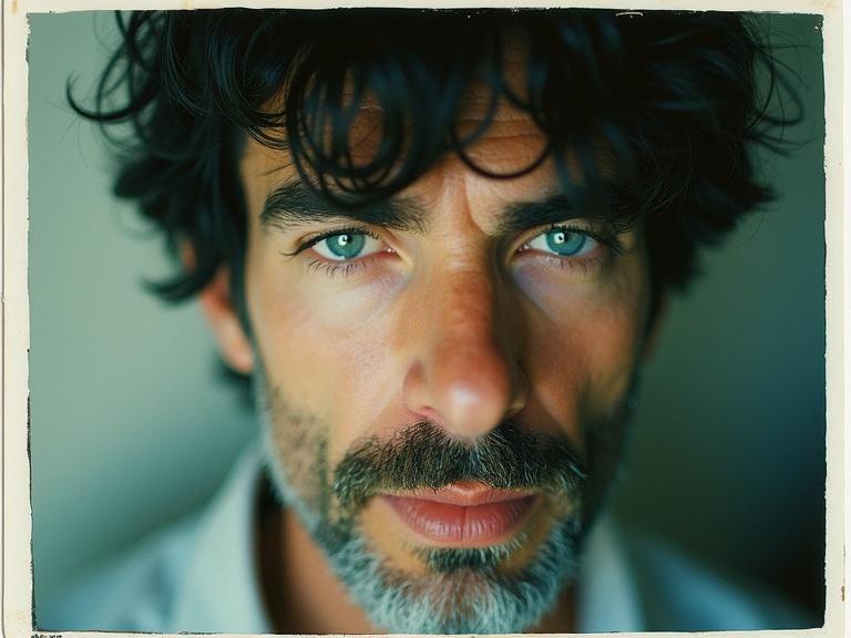 Close-up of an older man with dark hair and a funny beard. The man has clear blue eyes and a rugged look. Shot in a soft light, following vintage aesthetics from the 1990s. The image resembles a candid Polaroid photo capturing a moment from the past.