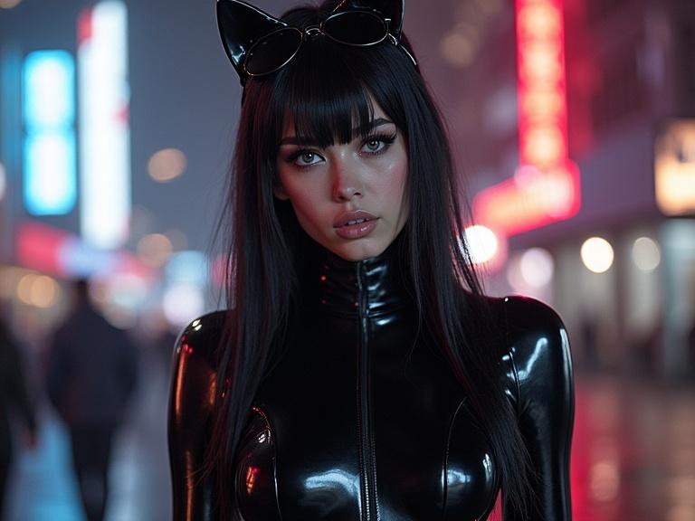 girl wearing shiny black latex catsuit in a neon-lit street at night