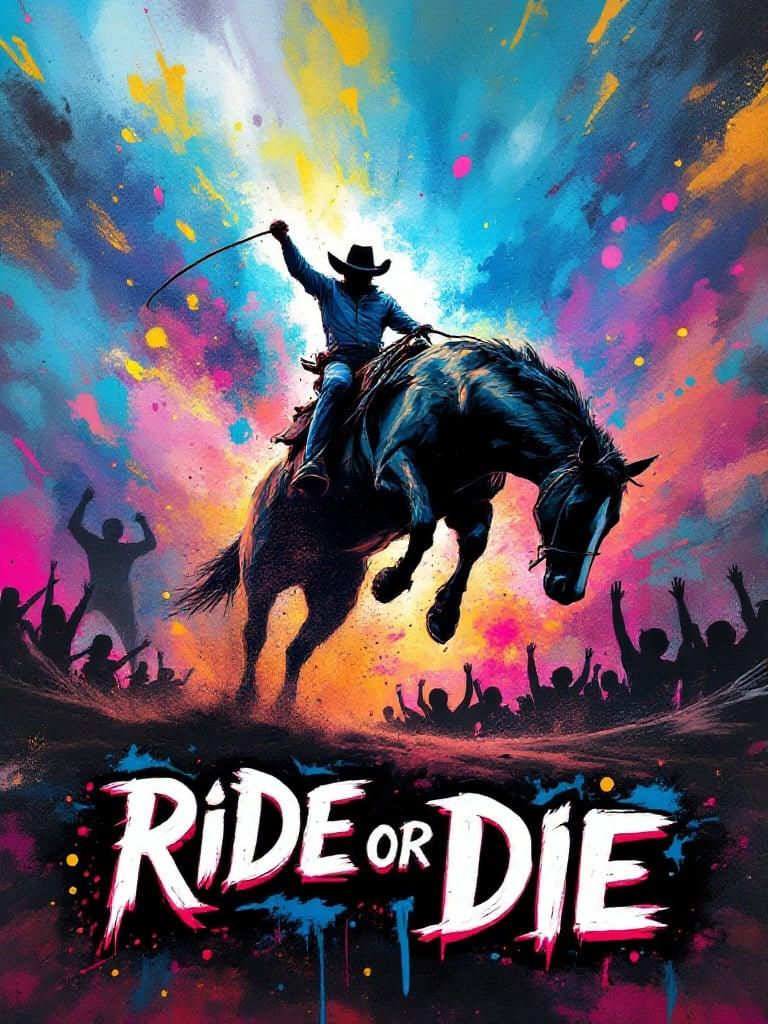 Dynamic action scene of a rodeo rider on a bronco. Bold graffiti style. Bright colors with a cheering crowd background. The words 'Ride or Die' featured prominently. Theme centered around the excitement and thrill of rodeo life.