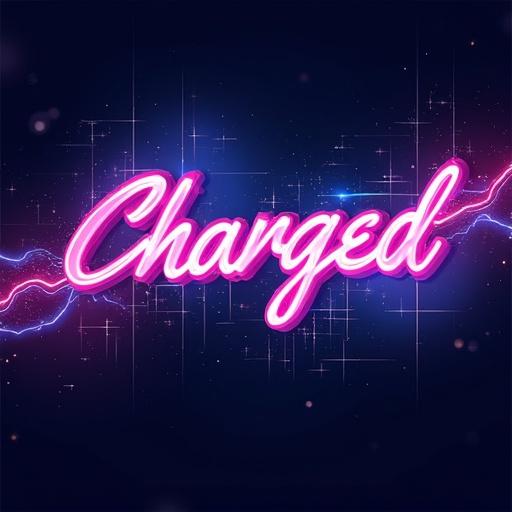 Modern abstract artwork for song titled Charged. Design features sleek stylish vibe with futuristic elements. Uses vibrant electric colors including neon blues purples and pinks. Bold text for song title Charged in dynamic high-tech font. Theme feels charged dynamic and full of motion with abstract geometric patterns and electric currents integrated into the design.
