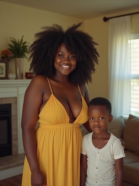 A woman in a yellow sundress and a boy in a white shirt stand together in a living room. The woman has large hair and a smile. Natural light illuminates the space. The image is low resolution and has bright colors.