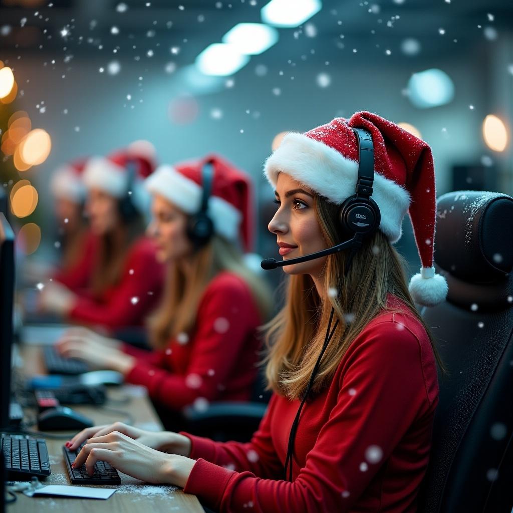 A team of dispatcher elves in a festive atmosphere. Each dispatcher is wearing a Santa hat and headset. Snow is falling, creating a winter wonderland setting. Convey a sense of teamwork and holiday spirit.