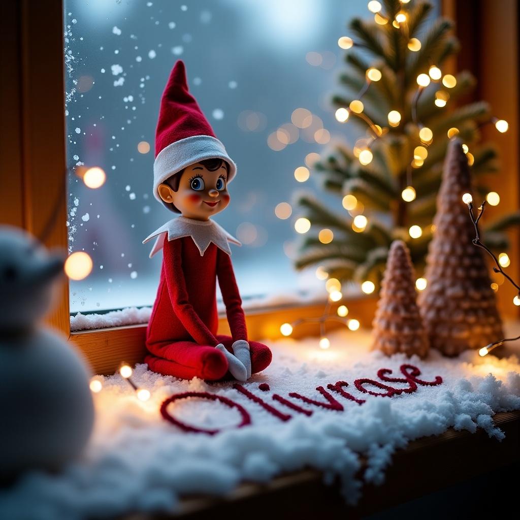 This image features a charming elf doll sitting on a snowy window ledge. The elf, dressed in a bright red outfit and a pointed hat, has a cheerful expression. Surrounding the elf are festive decorations, including a miniature Christmas tree and twinkling fairy lights that create a warm glow. The snow outside the window adds to the holiday atmosphere. In the snow, the name 'Olivia-Rose' is elegantly written, enhancing the personal touch of the scene. Perfect for capturing the essence of Christmas magic.