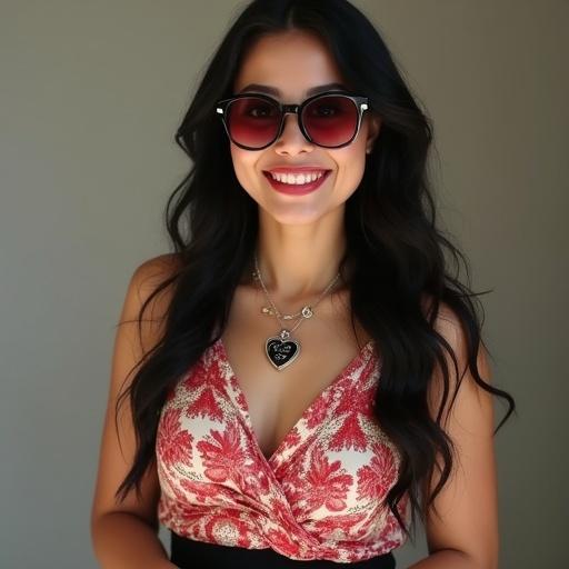 A woman with long wavy black hair and full lips smiles. She wears a red and white checkered shirt tied at the waist over a black top. A similar checkered pattern appears on the lower part of her outfit. Sunglasses with red lenses are on her head. She has a heart-shaped black pendant necklace. Multiple silver rings adorn her fingers. A dark belt with a detailed buckle bearing the word 'FAYE' is visible at her waist. Background is Thailand scenery.