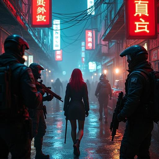 Cinematic cyberpunk night scene in rainy city. Neon lights glow and reflect off wet asphalt. Armed mercenaries in tactical gear. Woman in cyberpunk attire with red hair. She holds a silencer pistol. Tension in the air. Neon signs are in kanji. Rusted metal structures and tangled wires are present. Holograms flicker in the background. Sparks from a barrel fire illuminate their faces. Graffiti on the walls. Vivid lighting contrast and volumetric fog create a moody atmosphere.