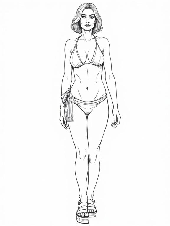 Vector illustration showcasing a mature woman in a bikini. She has short hair and a toned muscular body. A sarong is tied around her waist. She is wearing platform sandal heels. The image is in black and white with high definition quality. The style is an outline drawing.