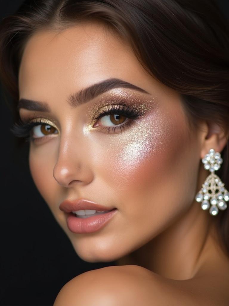 Beautiful woman showcasing glittering makeup with elegant earrings. Highlight the sophistication and glamour of the look.