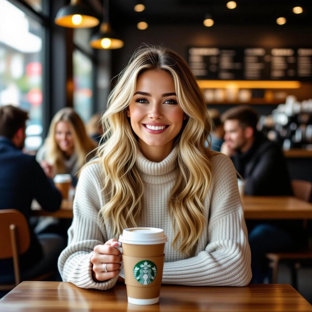 A young blonde woman with beautiful hair is smiling and holding a coffee cup at a Starbucks. Friends are sitting in the background enjoying coffee together. The interior is cozy and inviting.