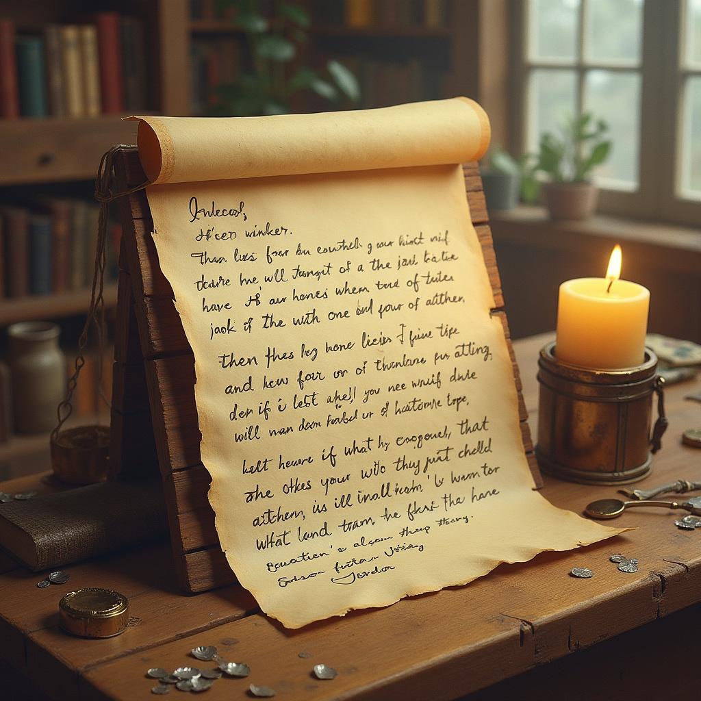 A detailed letter written on parchment paper. A warm candle beside it casts a soft glow. The scene captures a nostalgic feeling, with coins and a feather quill in the background.