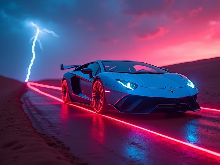 Futuristic Lamborghini seen from the front. Cyberpunk style with deep blue and vibrant red light. Desert scene at sunset. Lightning striking in the background. Long laser light trail behind the car. Night rider strobe lights from the front. Show fog and rain effects.