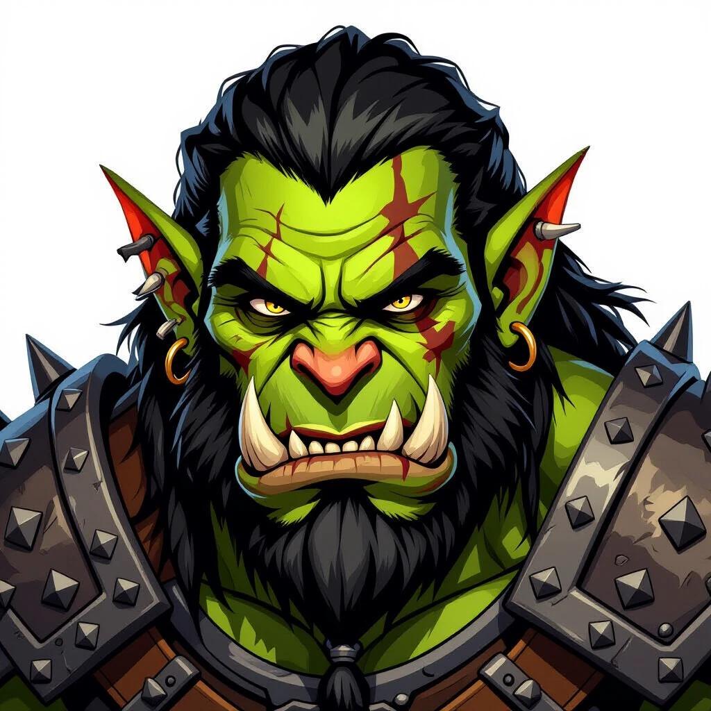 Orc head with intense expression and powerful features. Vivid lime green skin with dark hair. Long pointed ears and large yellow eyes. Strong jawline with prominent fangs and numerous scars. Ornate dark brown shoulder armor with metal studs. Medium close up with detailed graphic style. Cartoonish features and bold colors. Digital illustration with white background.