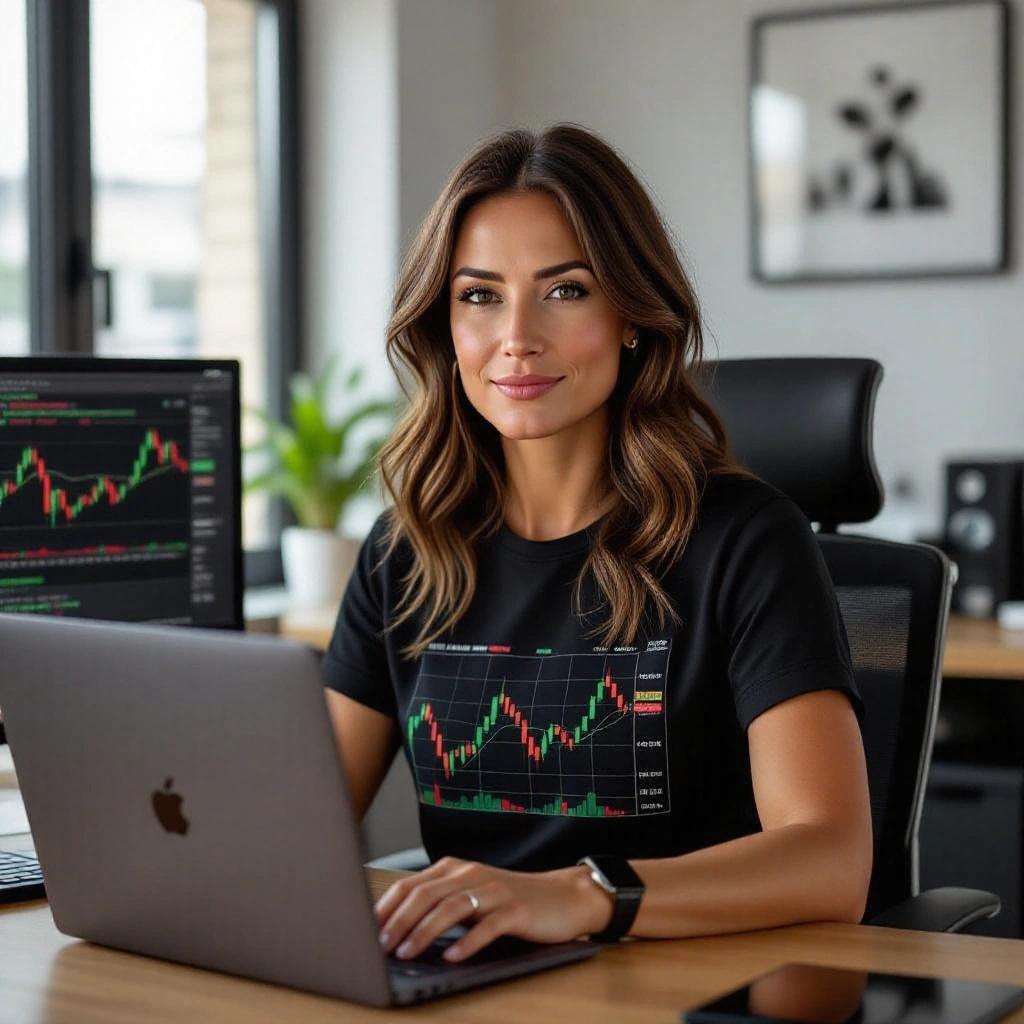 A Romanian woman in her 40s works as a trader from her laptop at home in Bucharest. She has a fit physique with muscular arms. Wears a t-shirt featuring a wall street candlestick chart design and the Tesla logo.