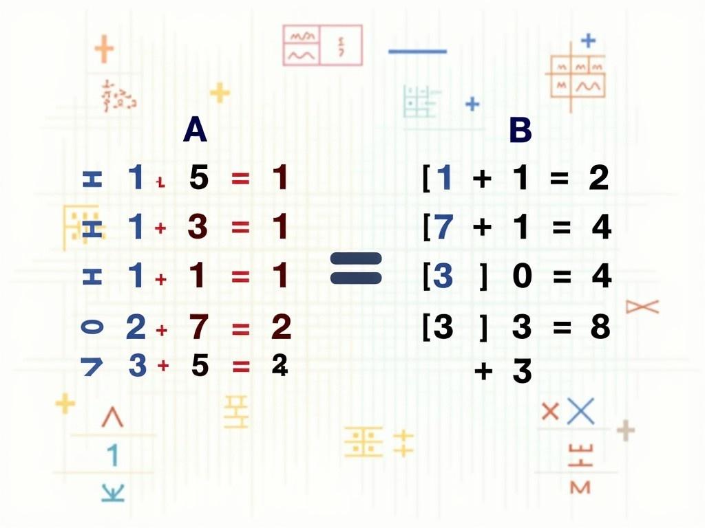 The image presents a colorful and educational layout focusing on matrix operations and mathematical expressions. It displays two matrices labeled A and B, with various operations and equations outlined. The main equation in the center emphasizes the equality sign. Surrounding symbols and texts include numerical representations and operational notations relevant to linear algebra. This image serves as a practical reference for students and educators in mathematics.