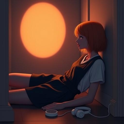 Anime-style silhouette of young female idol in school uniform. Dark grey jumper dress with white top. Short orange hair lying on floor in dark room. Dim orange spotlight on wall. White headphones and microphone scattered around. Soft edges minimal details. Dreamlike atmosphere high quality.