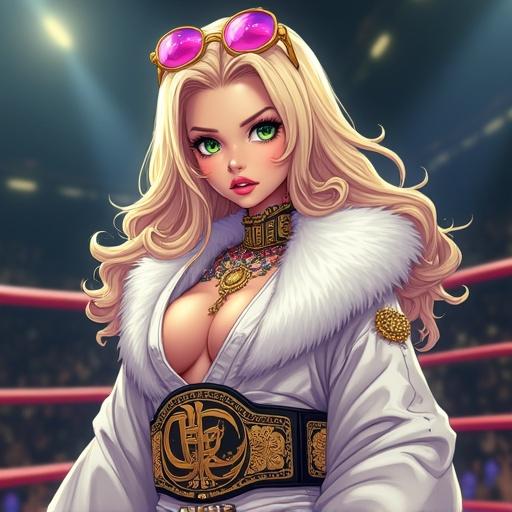 Anime character of a woman with emerald green eyes and light blonde wavy hair. She is in a modern martial arts arena. The character is wearing an edgy judo gi with a white fur coat. She has light pink diamond jewelry and sunglasses. The character has muscular arms and an athletic build with visible abs. The scene conveys a glamorous and powerful persona.