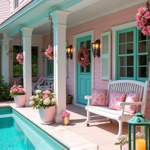 Beautiful swimming pool scene featuring a light pink and white cottage. Cottage has windows with shutters and flower boxes. Wide wrap around porch with a view of the pool. Roof is pink. Aqua front door adorned with a floral wreath. Flower pots filled with light pink roses and white hydrangeas. Aqua lanterns beside the door. Twinkle lights on the wreath. White porch swing with pink rose print pillows.