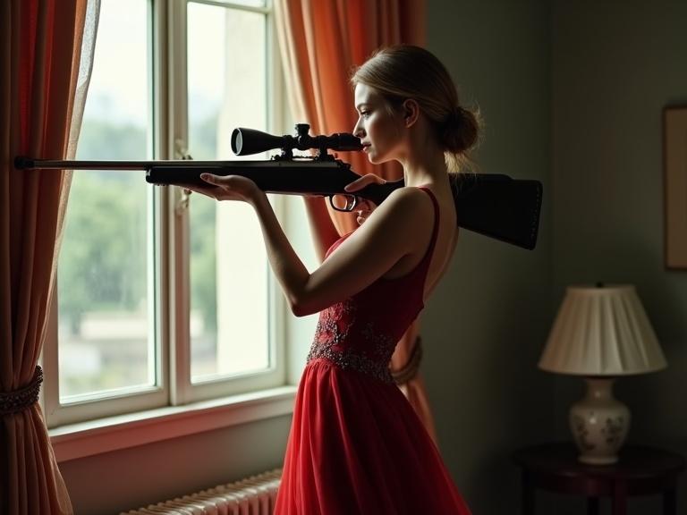 Side profile of a beautiful model in a formal red dress aiming a sniper rifle out of a window. Cinematic photography style with a professional perspective.