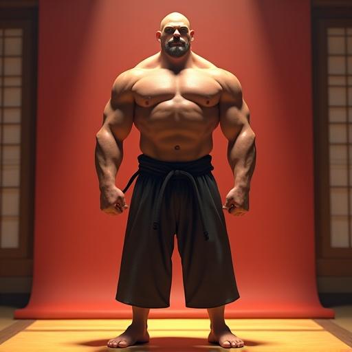 A strong muscular bodybuilder stands in a traditional dojo. He has a shaved head and a thick bushy mustache. Wears a judo gi and a black belt. Displays large muscular pecs and abs. His feet and ankles are thick and muscular. Brightly colored background with a radial gradient. 3D digital art inspired by Pixar and Disney.