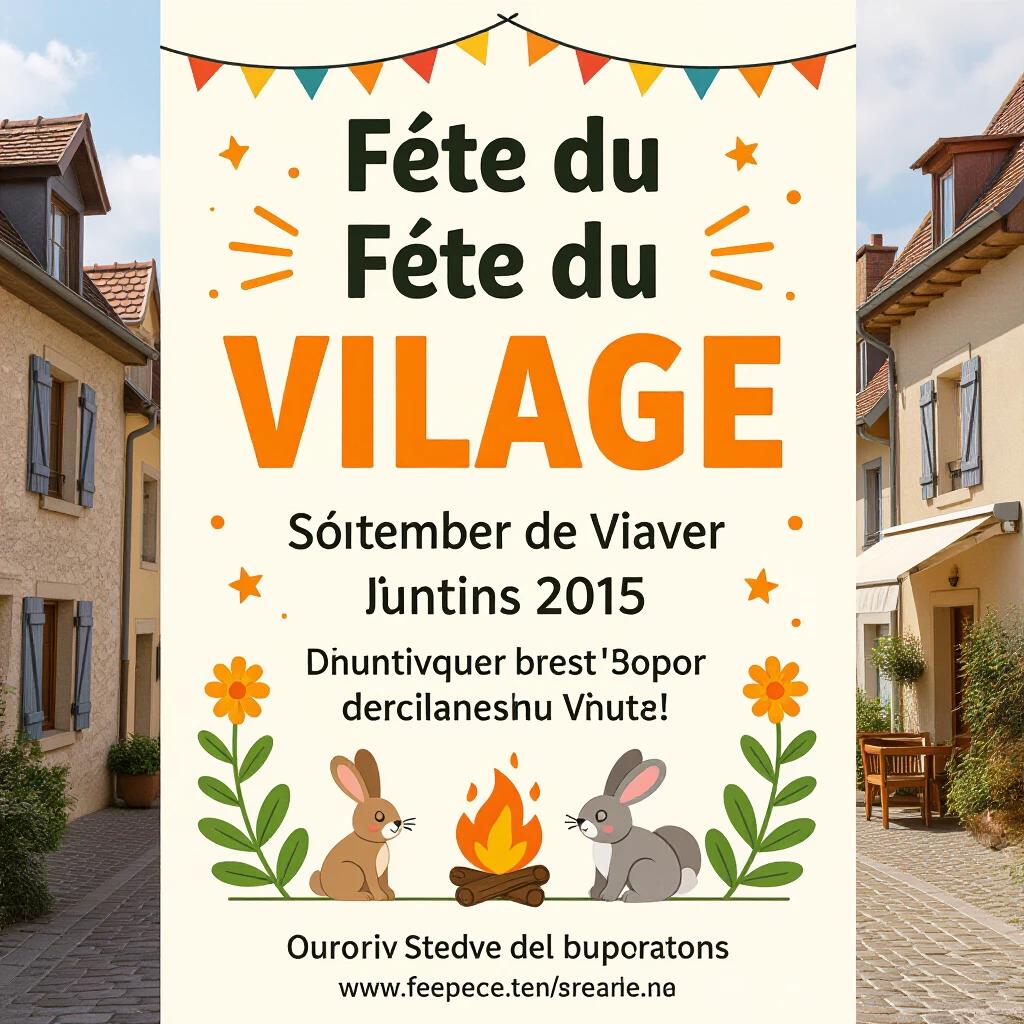 Illustration of a village festival poster. Includes details about the event, a vibrant village scene, animated rabbits, and festive decorations. Inviting and cheerful design. Central celebrations around a campfire.