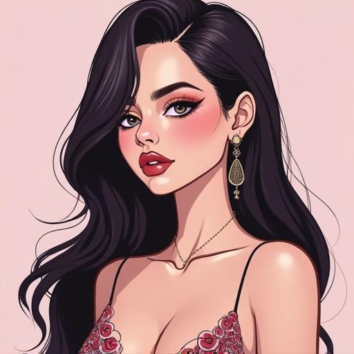 Vector illustration of a feminine person with long hair wearing earrings and makeup. The character has a slender body and a flat chest. Elegant styling with floral motifs.