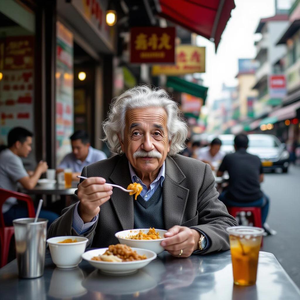 An elderly man enjoying street food at a vibrant market in Bangkok. Tables filled with diners enjoying various dishes. Bustling atmosphere with food vendors and colorful awnings.
