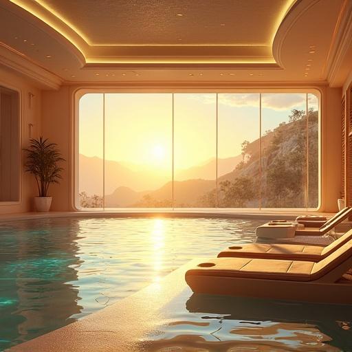 Anime setting in a futuristic mega mansion spa. The scene depicts a stylish indoor swimming pool area bathed in morning light. Views of the Hollywood Hills and sunset enhance the ambiance. Light gold and onyx black tones highlight the luxurious theme.