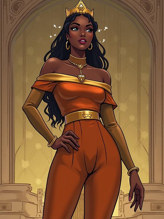 Disney parody depiction of the Queen of Sheba. The character features regal attire accented with gold. She stands confidently in a warm setting, combining elegance and authority.