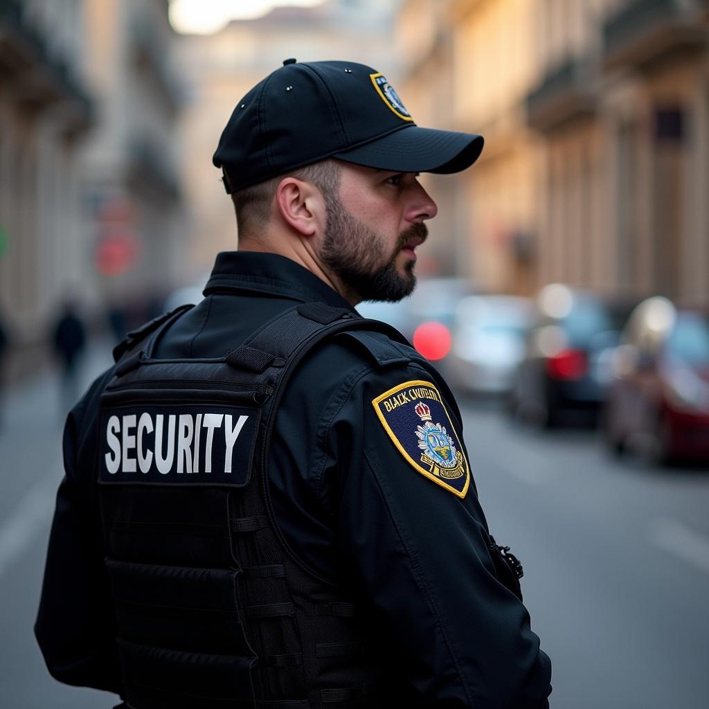 Security guard in uniform standing on duty in an urban setting. Background shows blurred city environment with parked cars and buildings. Emphasis on professionalism in security service.