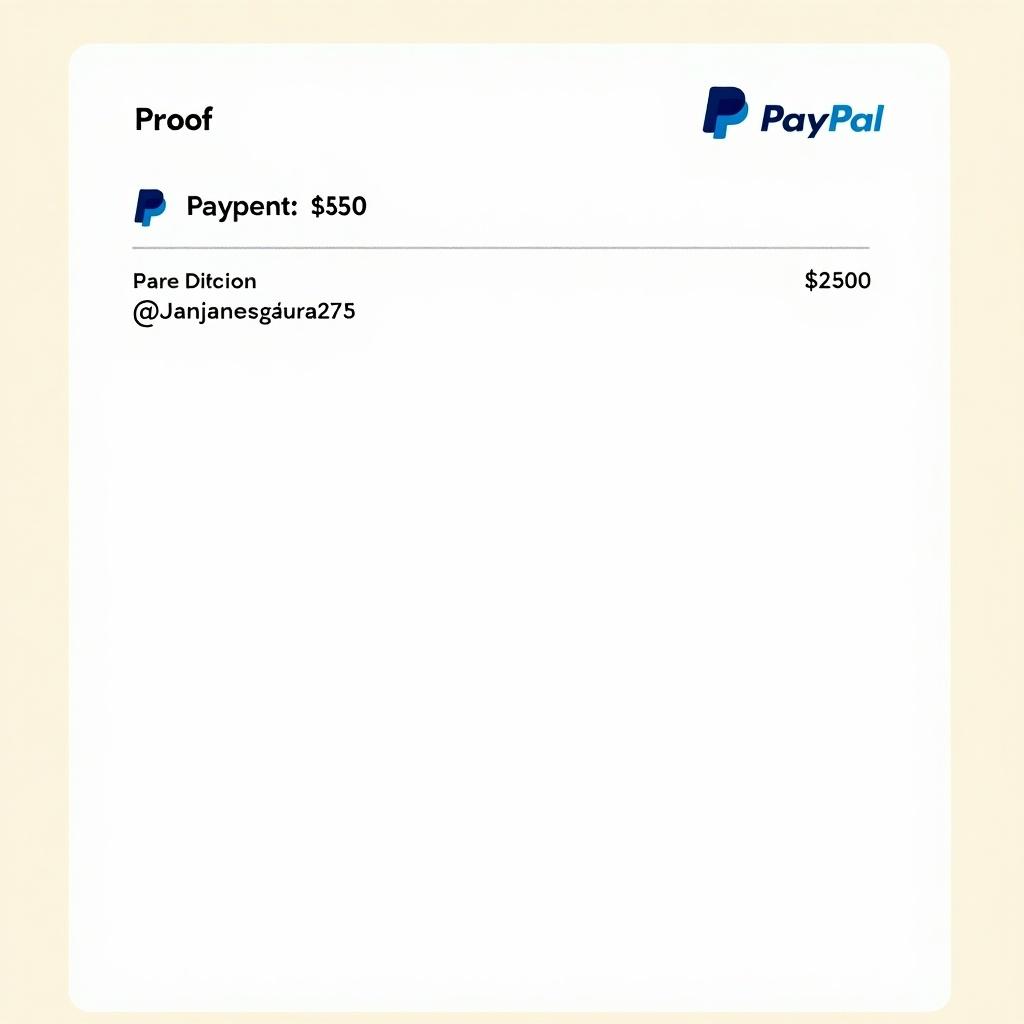 Illustration of PayPal payment proof. Transaction amount is $250. Payment made to @Janjanesguera275. Includes PayPal logo and details.