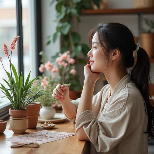 Image displays a peaceful scene with a woman sitting by the window surrounded by plants and flowers. Sunlight pours in, creating a warm atmosphere. The woman reflects tranquility and connection to nature.