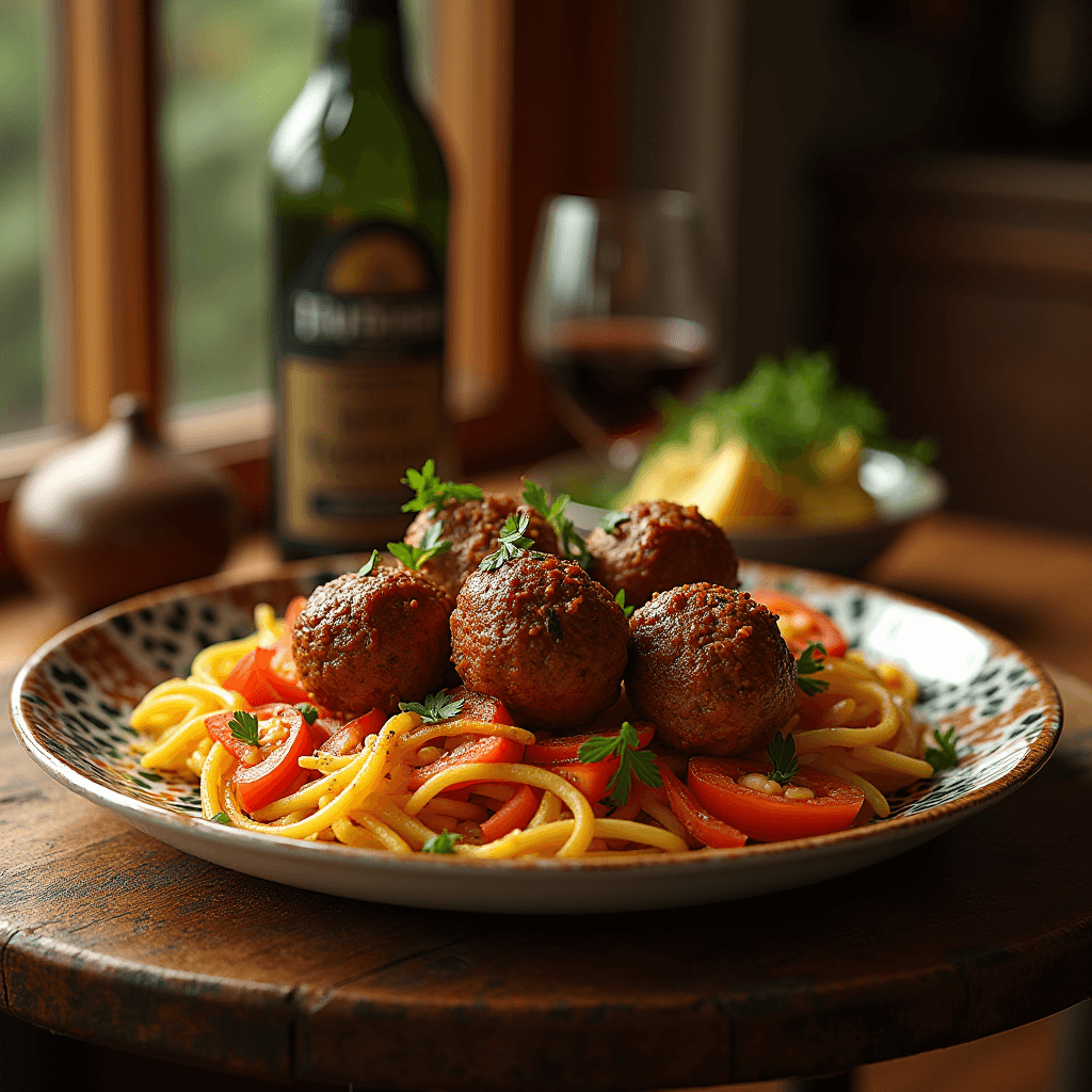 A plate of spaghetti with meatballs garnished with tomatoes and parsley, paired with wine.