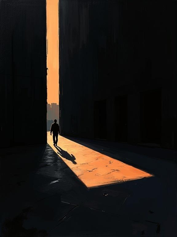 Digital oil painting features a black background with visible harsh paint strokes. Artistic elements are cubist and unfinished. Flat colors combine with a dynamic silhouette design. Minimalist style showcases repeating voids shaped like long shadows. Shadows merge with cubist edges resembling single footprints.