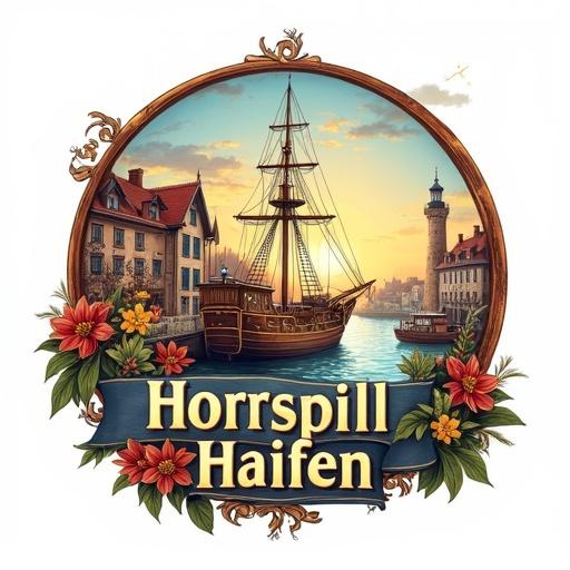 A vibrant artistic logo for Hörspiel Hafen designed in a whimsical storytelling theme. Incorporate elements like an old-fashioned radio, sound waves, books, a cozy harbor, or a lighthouse. Use warm rich colors with a hand-painted style against an atmospheric backdrop.