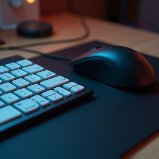A close-up view of a computer mouse on a black mousepad placed next to a keyboard. The setting is illuminated with soft ambient lighting.