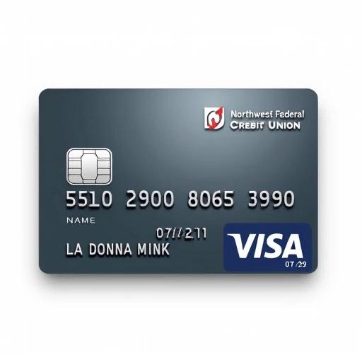Realistic representation of a credit card. Features Visa logo and Northwest Federal Credit Union branding. Card number 5510 2900 8065 3990 present. Name displayed is La Donna Mink. Expiry date shown as 07/29. White background emphasizes clarity and simplicity.