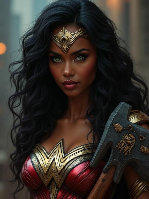 Ultra-realistic portrait of a powerful Black woman inspired by Wonder Woman. She has long, wavy black hair and striking green eyes. Skin glows with natural beauty and resilience. Costume has matte black, polished silver, and radiant gold colors. She holds a large, battle-worn axe with a bear engraving. Armor is detailed, metallic, and battle-scarred. Background is blurred with dramatic lighting.