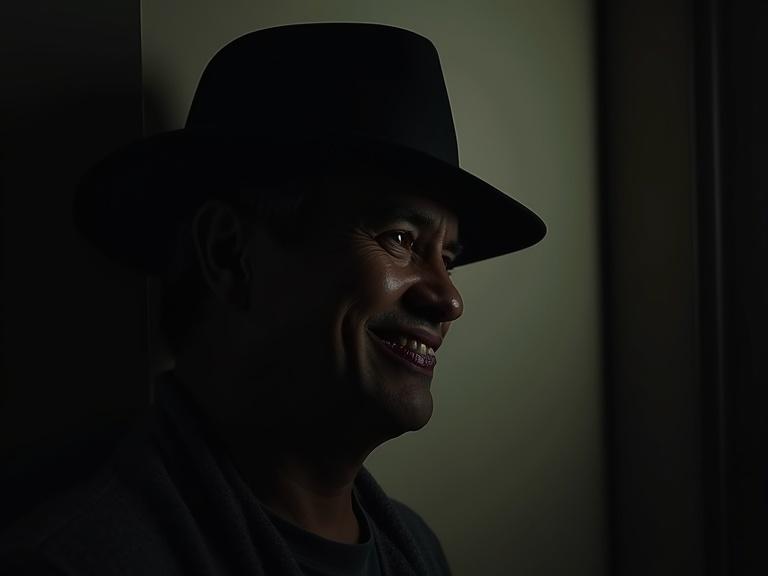 A man in a hat stands in shadows. His face is obscured but a creepy smile is visible. The atmosphere is tense and moody with hyperrealism.