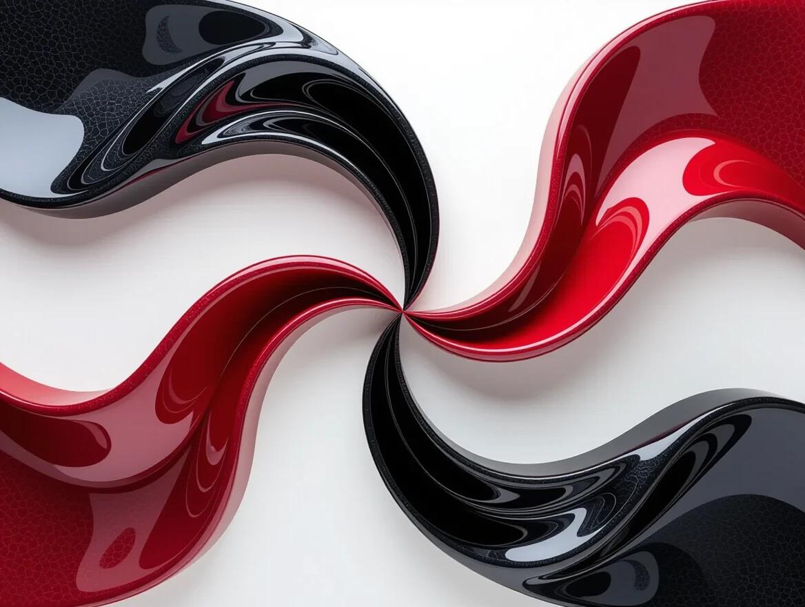 3D abstract image showcases a glossy ribbon-like structure. Features smooth curves transitioning from deep red to black against a white background. Subtle shading enhances its wavy form.