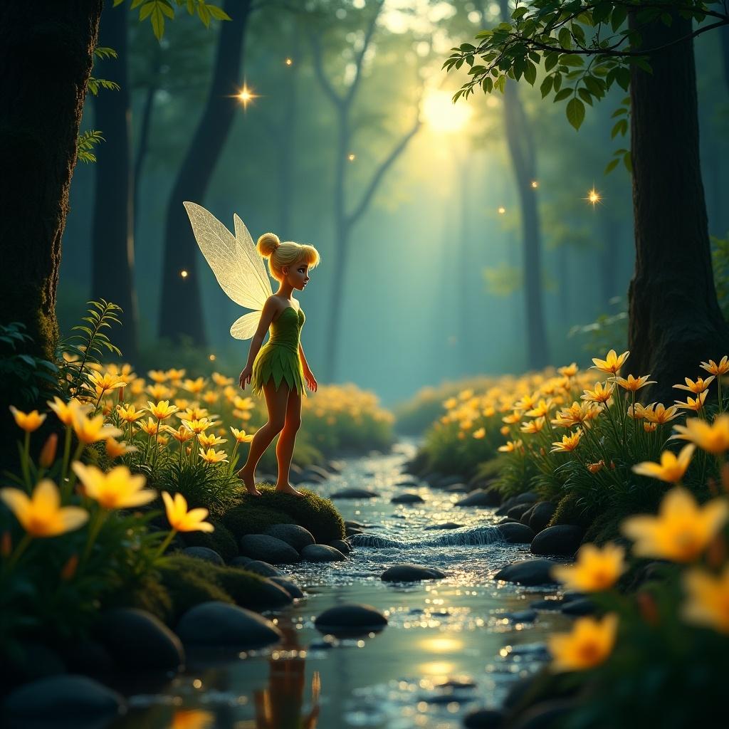 A mystical forest adorned with golden lily flowers and Tinkerbell walking along a creek bed. Soft magical light surrounds the scene. It evokes enchantment and wonder. One big star and one smaller star shine brightly in the night sky.