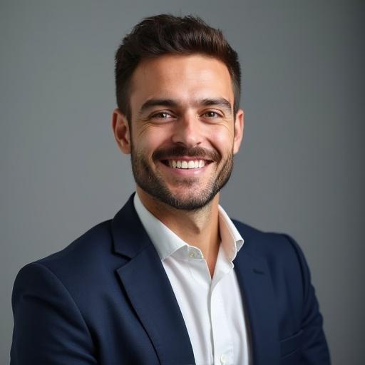 Professional headshot of a man. Medium build. Navy blazer. Slight stubble. Neutral gray background. Smiling confidently.
