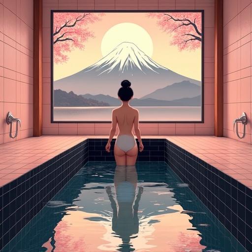 A symmetrical view of a traditional Japanese sento interior with a black-tiled soaking tub. Pastel-pink ceramic tiles cover the walls. Two chrome faucets and wooden stools are on each side. A woman with a bun stands in the tub, facing away. A large mural of Mount Fuji is in the background, featuring cherry blossoms and a gradient sky in ukiyo-e style. Soft ambient lighting enhances the tranquil scene.