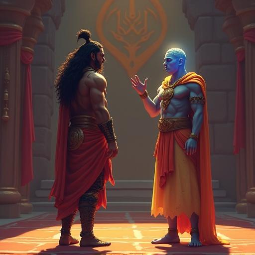 A 3D pixel art scene depicts a royal chamber from the Mahabharata story. Karna stands in Anga warrior armor. He has a conflicted and determined expression. His eyes show sadness. He gently raises his hand as if declining an offer from Krishna. Krishna glows with divine blue light. The setting has royal drapes and an emblem of Anga. Lighting creates a warm glow around Karna. The focus is on their emotional interaction. Capture themes of loyalty and inner turmoil.
