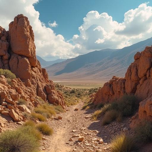 Desert terrain with rocky formations and a clear sky in the background. A path runs through the middle. Vegetation is sparse but present. Scene captures the essence of an adventure in a tranquil environment.